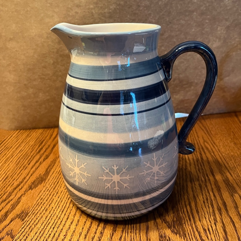 St. Nicholas Square Ceramic Pitcher Winter Frost Blue White Snowflake 2 Qt.
